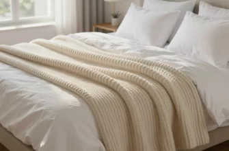 A cozy bedroom scene featuring a soft, chunky-knit weighted blanket in a natural cotton color, draped elegantly over a neatly made bed with white linens and fluffy pillows. Warm natural light streams through a window, creating a peaceful and relaxing atmosphere. High quality, photorealistic texture.