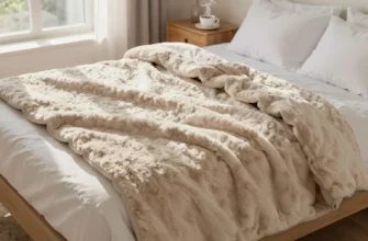 A cozy bedroom scene featuring a soft, beige UGG weighted blanket neatly spread out on a plush white bed. The blanket has a luxurious, fluffy texture. Next to the blanket, a steaming cup of coffee sits on a wooden nightstand. Warm morning sunlight streams through the window, illuminating the room.