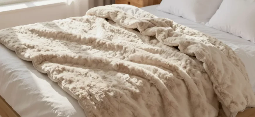 A cozy bedroom scene featuring a soft, beige UGG weighted blanket neatly spread out on a plush white bed. The blanket has a luxurious, fluffy texture. Next to the blanket, a steaming cup of coffee sits on a wooden nightstand. Warm morning sunlight streams through the window, illuminating the room.
