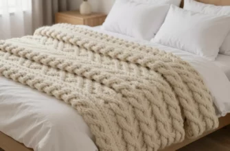 A cozy, inviting bedroom scene featuring a chunky knit weighted blanket draped elegantly over a plush bed. The blanket has a thick, textured cable knit pattern in a soft, neutral cream color. The lighting is warm and soft, creating a relaxing and peaceful atmosphere. The bed has fluffy white pillows and a wooden headboard is visible in the background.