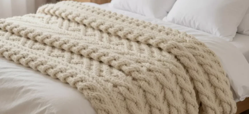 A cozy, inviting bedroom scene featuring a chunky knit weighted blanket draped elegantly over a plush bed. The blanket has a thick, textured cable knit pattern in a soft, neutral cream color. The lighting is warm and soft, creating a relaxing and peaceful atmosphere. The bed has fluffy white pillows and a wooden headboard is visible in the background.