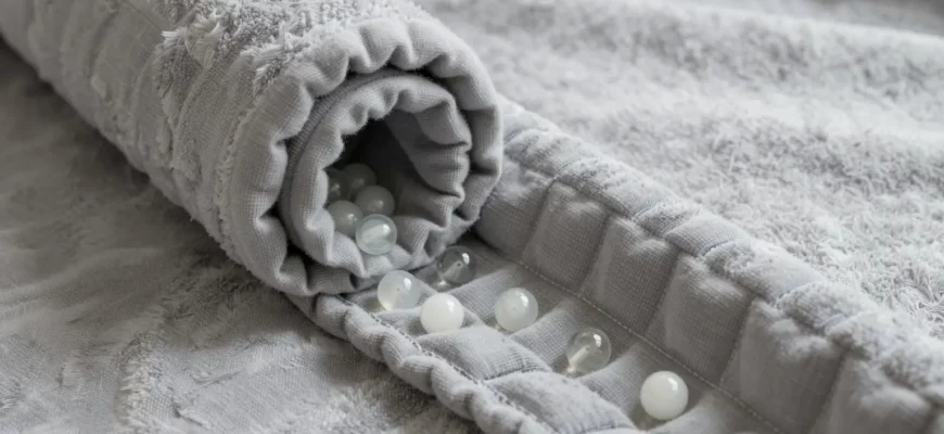 A high-quality close-up shot of a cozy, textured grey weighted blanket, partially unrolled to reveal the inner grid structure. Inside the small square pockets, smooth white glass beads are visible, showing the internal distribution of weight. The lighting is soft and natural, highlighting the fabric texture and the glass beads.