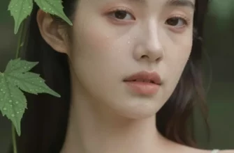 A serene woman with glowing, dewy skin and fresh green leaves and vines gently intertwined in her hair, evoking a natural and rejuvenated look. Soft natural lighting.