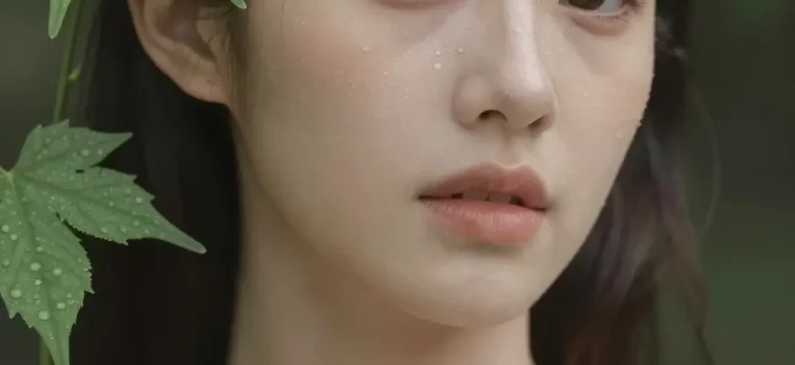 A serene woman with glowing, dewy skin and fresh green leaves and vines gently intertwined in her hair, evoking a natural and rejuvenated look. Soft natural lighting.