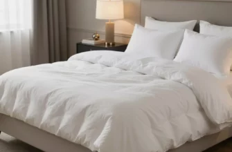 A luxurious bedroom scene featuring a neatly made bed with a plush white weighted blanket and a matching duvet, soft ambient lighting, elegant decor, high quality, photorealistic