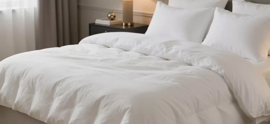 A luxurious bedroom scene featuring a neatly made bed with a plush white weighted blanket and a matching duvet, soft ambient lighting, elegant decor, high quality, photorealistic