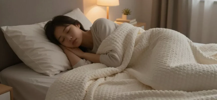 A peaceful bedroom scene at night with a person sleeping soundly under a soft, textured weighted blanket. The room is dimly lit by warm light from a bedside lamp, creating a cozy and relaxing atmosphere. The person looks calm and comfortable, highlighting the restful benefits of the blanket.