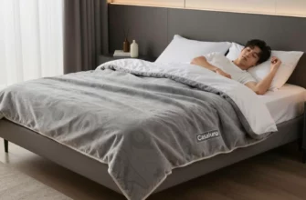 A modern bedroom scene featuring a Casaluna weighted blanket draped over a sleek bed, with soft ambient lighting, a person peacefully sleeping, and subtle decorative elements that emphasize comfort and tranquility.