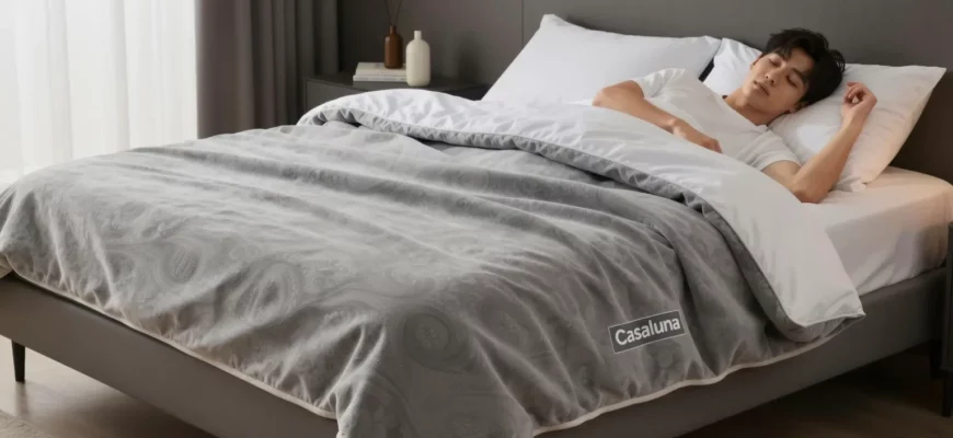 A modern bedroom scene featuring a Casaluna weighted blanket draped over a sleek bed, with soft ambient lighting, a person peacefully sleeping, and subtle decorative elements that emphasize comfort and tranquility.