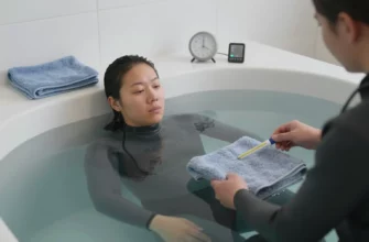 A calm, safe cold plunge scene featuring an adult with Raynaud’s disease in a shallow pool, wearing a wetsuit, with a thermometer, a timer, a warm towel, and a medical professional nearby, all in a serene indoor setting
