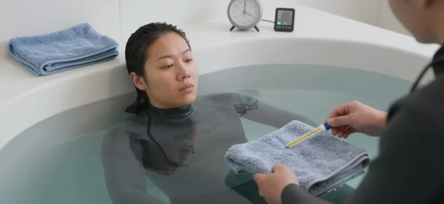 A calm, safe cold plunge scene featuring an adult with Raynaud’s disease in a shallow pool, wearing a wetsuit, with a thermometer, a timer, a warm towel, and a medical professional nearby, all in a serene indoor setting