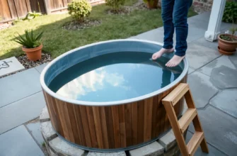 A realistic, full-length view of a DIY cold plunge setup in a backyard setting. The scene includes a wooden or metal tub partially filled with clear water, a wooden ladder or steps leading into the tub, a small stone or concrete base, and a person standing at the edge, preparing to step in. The background shows a simple garden or patio with subtle greenery and a few potted plants. The lighting is natural, with soft shadows to emphasize the cool, refreshing atmosphere.