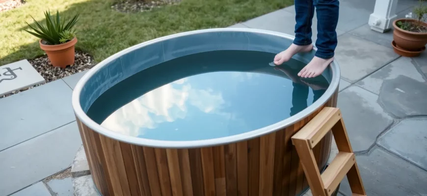A realistic, full-length view of a DIY cold plunge setup in a backyard setting. The scene includes a wooden or metal tub partially filled with clear water, a wooden ladder or steps leading into the tub, a small stone or concrete base, and a person standing at the edge, preparing to step in. The background shows a simple garden or patio with subtle greenery and a few potted plants. The lighting is natural, with soft shadows to emphasize the cool, refreshing atmosphere.