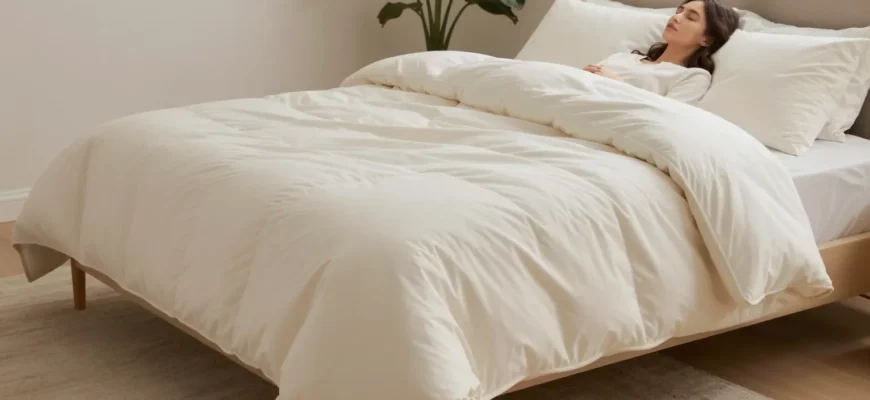 A serene bedroom scene featuring a person lying on a plush, luxurious weighted blanket, with soft ambient lighting, a cozy rug, and a small decorative plant. The blanket should be visibly heavy, with subtle texture and a subtle sheen, evoking relaxation and comfort.