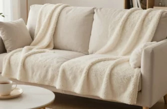 A cozy living room scene featuring a plush sofa with a soft, heavy weighted throw blanket draped over it. The blanket should appear dense and plush, with subtle texture indicating its weight. The setting is warm and inviting, with soft lighting, a small coffee table in front, and a subtle hint of a bookshelf or plant in the background to suggest a comfortable home environment. No people or text should be present in the image.