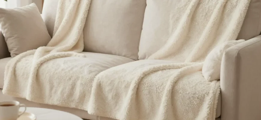 A cozy living room scene featuring a plush sofa with a soft, heavy weighted throw blanket draped over it. The blanket should appear dense and plush, with subtle texture indicating its weight. The setting is warm and inviting, with soft lighting, a small coffee table in front, and a subtle hint of a bookshelf or plant in the background to suggest a comfortable home environment. No people or text should be present in the image.