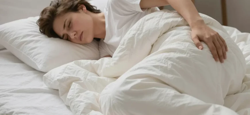 A person lying on a weighted blanket on a bed, showing a subtle expression of discomfort or back pain, with the blanket visibly weighted and slightly unevenly distributed, set in a cozy bedroom environment with soft lighting, no text or symbols in the image