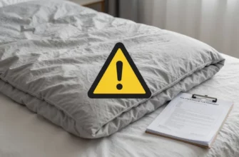 A realistic depiction of a weighted blanket draped over a bed, with a subtle caution symbol overlay, a safety manual open beside it, and a calm, neutral background