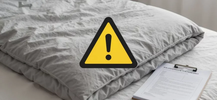 A realistic depiction of a weighted blanket draped over a bed, with a subtle caution symbol overlay, a safety manual open beside it, and a calm, neutral background