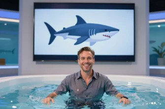 A dynamic, high-resolution scene depicting a young entrepreneur standing in a clear, icy cold plunge pool, wearing a casual shirt and a confident smile. Behind them, a large flat-screen TV displays a stylized, abstract representation of a Shark Tank pitch—an animated shark silhouette and a sleek, modern set design, but without any text or logos. The setting is a bright, well-lit studio with subtle reflections on the water and a hint of a glass aquarium in the background to suggest the 'shark tank' theme. The overall composition conveys excitement, innovation, and success, with a focus on the entrepreneur, the cold plunge, and the TV pitch moment.
