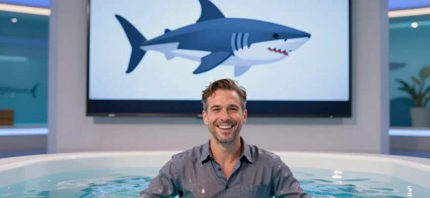 A dynamic, high-resolution scene depicting a young entrepreneur standing in a clear, icy cold plunge pool, wearing a casual shirt and a confident smile. Behind them, a large flat-screen TV displays a stylized, abstract representation of a Shark Tank pitch—an animated shark silhouette and a sleek, modern set design, but without any text or logos. The setting is a bright, well-lit studio with subtle reflections on the water and a hint of a glass aquarium in the background to suggest the 'shark tank' theme. The overall composition conveys excitement, innovation, and success, with a focus on the entrepreneur, the cold plunge, and the TV pitch moment.