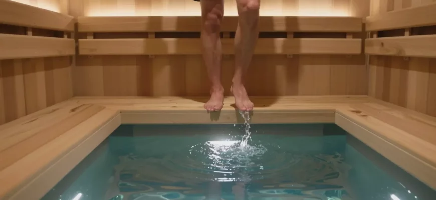 A person stepping out of a warm infrared sauna into a cold plunge pool, showing the contrast of heat and cold in a serene environment, no text or symbols