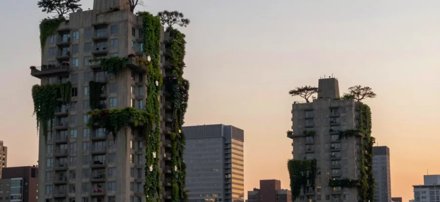 A city skyline at dusk with towering concrete buildings transformed by lush green canopies—vines climbing walls, rooftop gardens blooming, trees sprouting from rooftops, and birds flying between branches, all bathed in warm sunset light, creating a harmonious blend of urban architecture and natural foliage