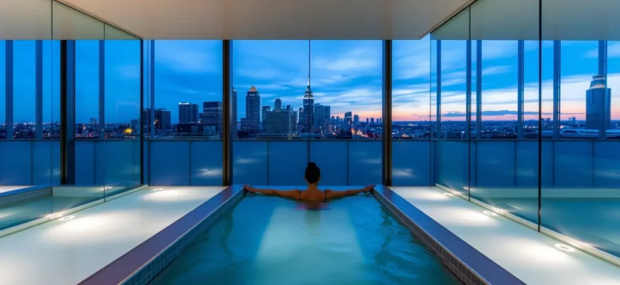 A serene scene of a modern cold plunge pool in a sleek spa setting, with a person standing in the water, surrounded by glass walls reflecting the Atlanta skyline at dusk, subtle lighting, no text or signage
