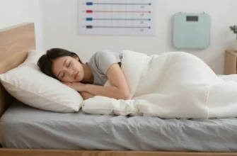 A peaceful bedroom scene showing a person sleeping comfortably on a weighted blanket, with a subtle weight scale or chart in the background indicating different blanket weights, all depicted in a calm, soothing color palette