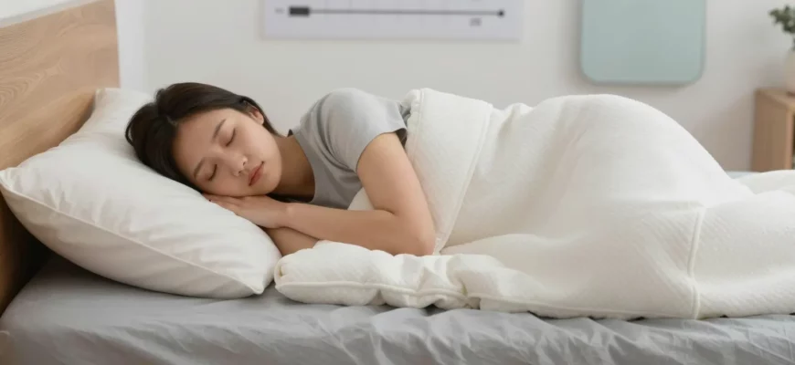 A peaceful bedroom scene showing a person sleeping comfortably on a weighted blanket, with a subtle weight scale or chart in the background indicating different blanket weights, all depicted in a calm, soothing color palette