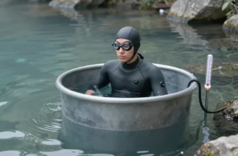 A person in a cold plunge tub, wearing a wetsuit and thermal gear, standing in a small, clear pool of icy water surrounded by a calm, natural setting. The scene includes subtle reflections on the water surface, a small thermometer, and a safety rope nearby. No text or lettering is present.