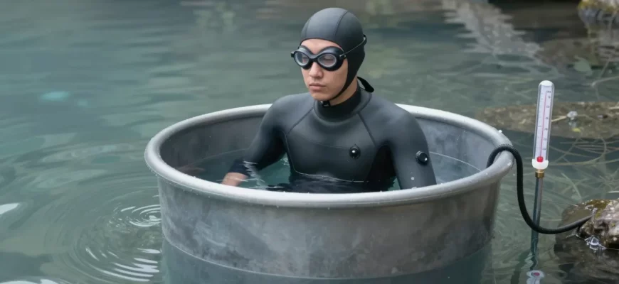 A person in a cold plunge tub, wearing a wetsuit and thermal gear, standing in a small, clear pool of icy water surrounded by a calm, natural setting. The scene includes subtle reflections on the water surface, a small thermometer, and a safety rope nearby. No text or lettering is present.