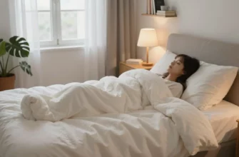 A cozy bedroom scene with a person lying on a bed, wrapped in a plush weighted blanket, soft lighting, a small nightstand with a lamp, a window with curtains, a plant, and a bookshelf in the background, all in a realistic style