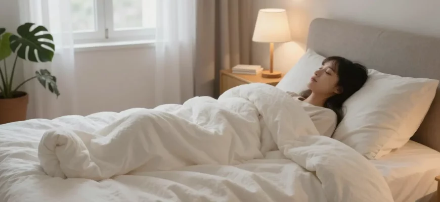 A cozy bedroom scene with a person lying on a bed, wrapped in a plush weighted blanket, soft lighting, a small nightstand with a lamp, a window with curtains, a plant, and a bookshelf in the background, all in a realistic style