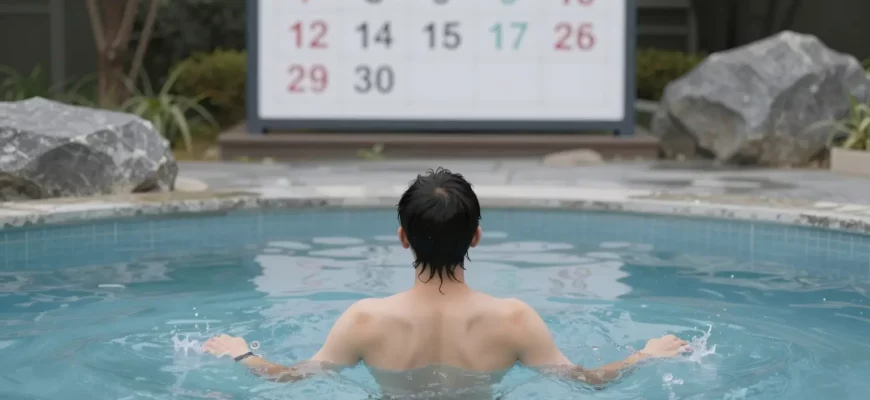 A person standing in a clear, icy plunge pool surrounded by a calm natural setting, with a subtle visual representation of a calendar or clock in the background to suggest daily frequency, set in a serene environment