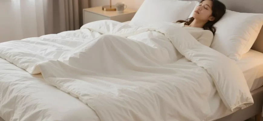 A cozy bedroom scene featuring a plush weighted heating blanket draped over a comfortable bed, with soft warm lighting, a person peacefully resting on the blanket, and subtle hints of a modern, minimalist interior design.