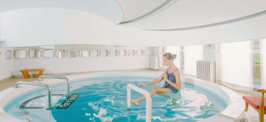 A modern, sleek cold plunge tub in a spa setting, with crystal clear water, surrounded by minimalist decor, a person stepping into the tub, natural lighting and a calm atmosphere