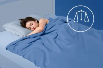 A person peacefully sleeping on a weighted blanket that appears visibly heavy, with a subtle scale icon in the corner indicating weight, all depicted in a calm, realistic bedroom setting without any text or symbols
