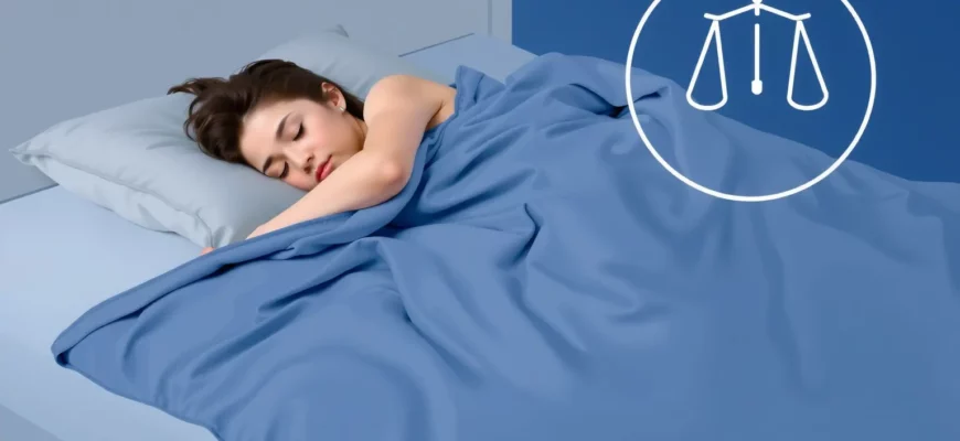 A person peacefully sleeping on a weighted blanket that appears visibly heavy, with a subtle scale icon in the corner indicating weight, all depicted in a calm, realistic bedroom setting without any text or symbols
