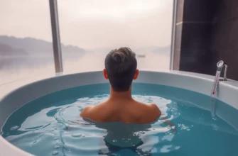 A person standing in a clear cold plunge pool with visible water droplets, a thermometer, and a serene background of a modern spa setting, capturing the chill and calmness of the experience.