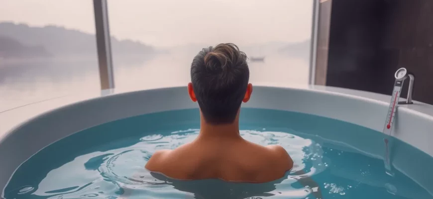 A person standing in a clear cold plunge pool with visible water droplets, a thermometer, and a serene background of a modern spa setting, capturing the chill and calmness of the experience.