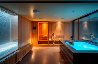 A modern, high-end sauna and cold plunge studio interior, featuring a sleek wooden sauna room with subtle lighting, a glass-lined cold plunge pool with a clear blue surface, a polished stone floor, and a few relaxed adults in casual clothing enjoying the experience. The scene should convey a calm, spa-like atmosphere with natural light filtering through frosted glass, and a minimalist, contemporary design aesthetic.