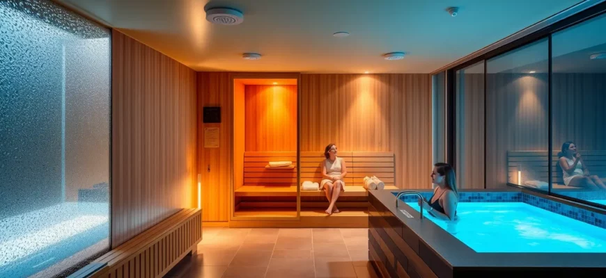 A modern, high-end sauna and cold plunge studio interior, featuring a sleek wooden sauna room with subtle lighting, a glass-lined cold plunge pool with a clear blue surface, a polished stone floor, and a few relaxed adults in casual clothing enjoying the experience. The scene should convey a calm, spa-like atmosphere with natural light filtering through frosted glass, and a minimalist, contemporary design aesthetic.