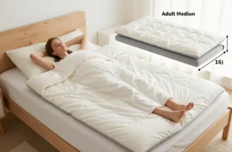A cozy bedroom scene with a person lying on a weighted blanket, with visual representations of small, medium, and large blanket sizes displayed beside or above the bed, showing the differences in size without any text or labels, in a realistic style.