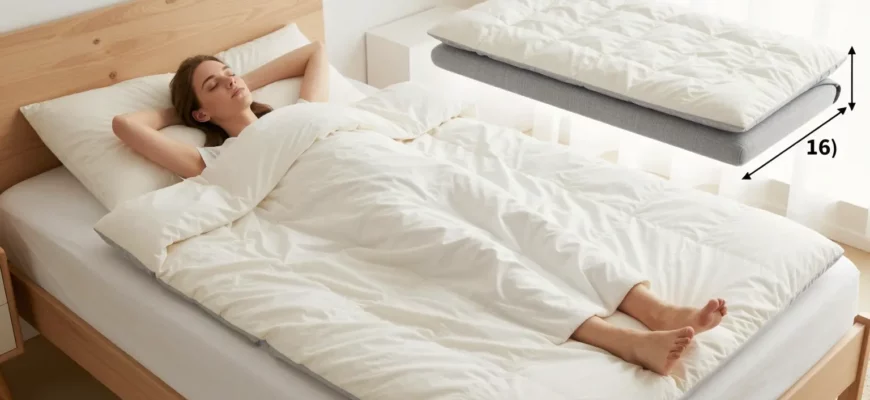 A cozy bedroom scene with a person lying on a weighted blanket, with visual representations of small, medium, and large blanket sizes displayed beside or above the bed, showing the differences in size without any text or labels, in a realistic style.