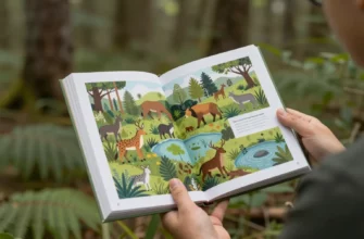 A person standing in a lush, rewilded forest, holding an open book that appears to be a guide to restoring landscapes. The book’s pages are filled with detailed illustrations of diverse wildlife, thriving vegetation, and natural water features, all rendered in a realistic, high-resolution style. The scene captures the harmony between human stewardship and nature’s renewal, with soft sunlight filtering through the canopy and a sense of calm and possibility.
