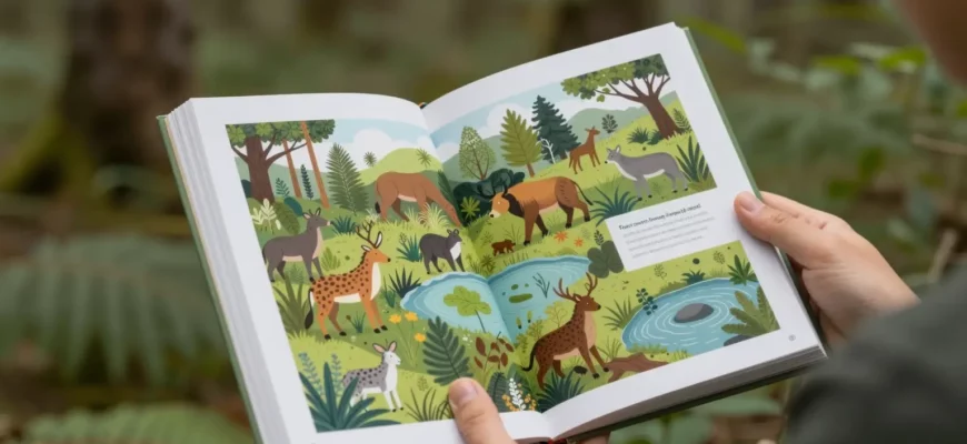 A person standing in a lush, rewilded forest, holding an open book that appears to be a guide to restoring landscapes. The book’s pages are filled with detailed illustrations of diverse wildlife, thriving vegetation, and natural water features, all rendered in a realistic, high-resolution style. The scene captures the harmony between human stewardship and nature’s renewal, with soft sunlight filtering through the canopy and a sense of calm and possibility.