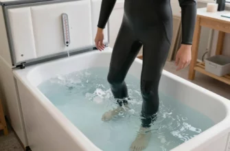 A person in a wetsuit stepping into a small tub filled with ice water inside a repurposed freezer, with insulation panels, a thermometer, and a small wooden frame around the tub, all set in a workshop environment.
