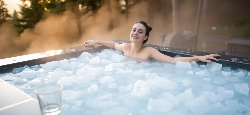A serene scene of a person standing in a clear cold plunge tub filled with icy water, surrounded by a natural forest setting at sunrise. The person is relaxed, wearing minimal clothing, with a small glass of water placed beside the tub. The background includes misty trees and soft light, conveying calm and rejuvenation.