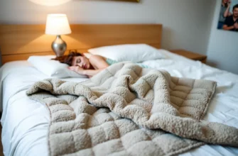 A calm, serene bedroom setting with a person lying on a weighted blanket, showing the blanket's texture and weight, with soft lighting and a sense of comfort